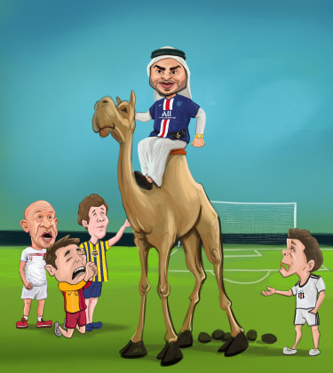 Arab investor in football on a camel caricature