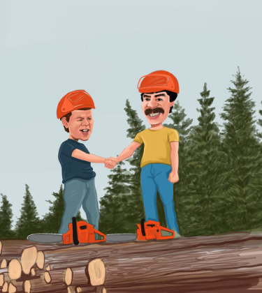 Caricature of two wood workers hand shaking on lodges