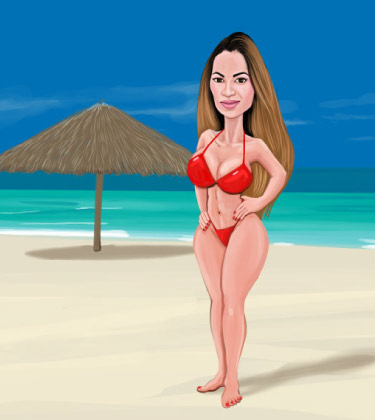 Girl posing on a beach caricature