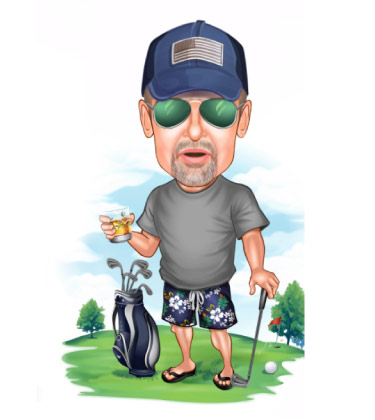Caricature of a golfer with whiskey in hand
