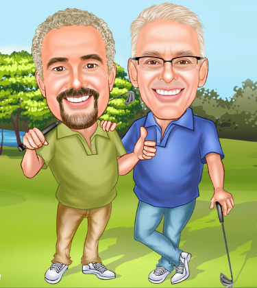 Caricature of two best friends while playing golf on court