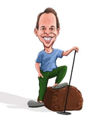 Caricature of a golfer with his foot on a stone
