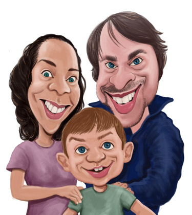Funny sketch caricature of a family of three in hug