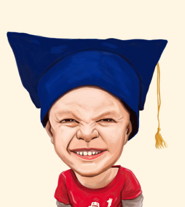 Funny Drawing of a young kid with graduation hat and huge smile