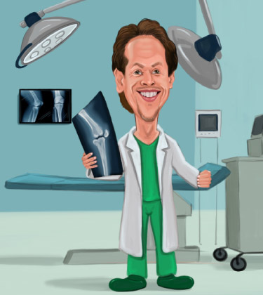 Dentist posing inside his office with the full uniform and equipment caricature