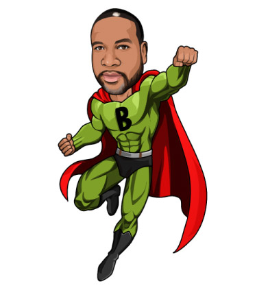 Black guy muscle man caricature in green costume
