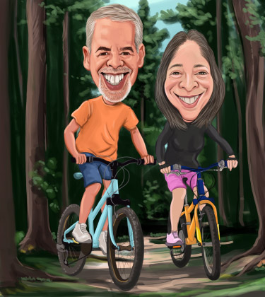 Grandpa and grandma casual cycling in woods caricature