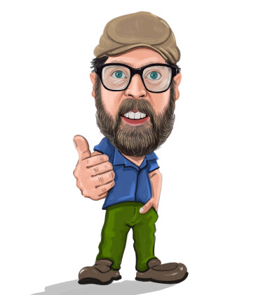 Caricature of a bearded geek with his thumb up and a hat