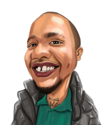 Tattooed rapper with huge smile cartoon portrait