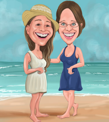 Caricature of two female friends having great time at the beach