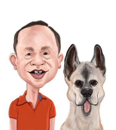 Cute caricature of an older man with his dog