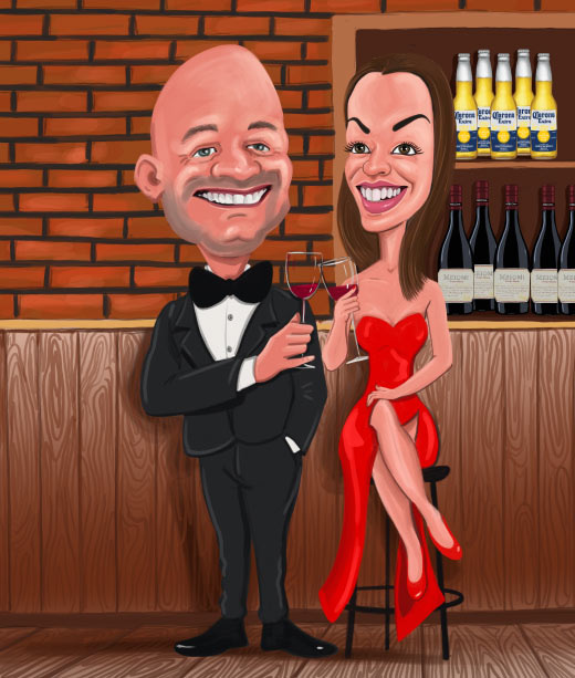 Caricature of Man in Suit and Woman in Dress Drinking Wine on the Party 
