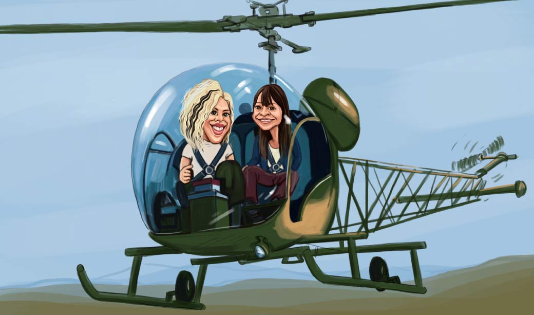 Mother and Sister inside a Helicopter Funny Caricature
