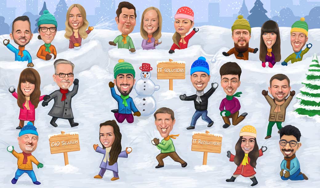 IT company caricature drawn for whole team in the snow while playing and having a good time on team building