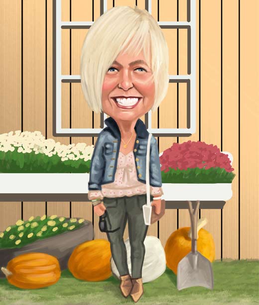 Caricature of a young blonde woman enjoying work in her garden with pumkin and showel next to her