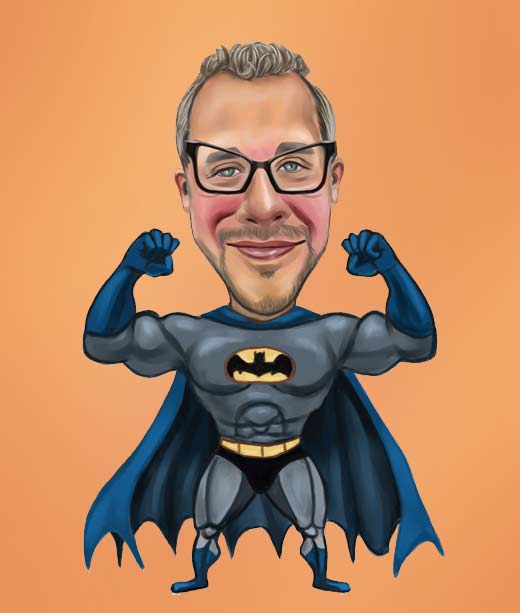 Guy in his 40's drawn as a superhero with Batman costume caricature