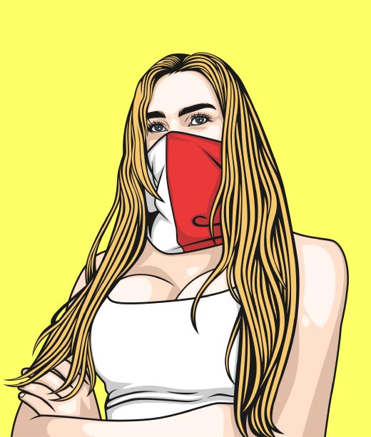 Cartoon Portrait of Blonde Girl in T-shirt Wearing Mask