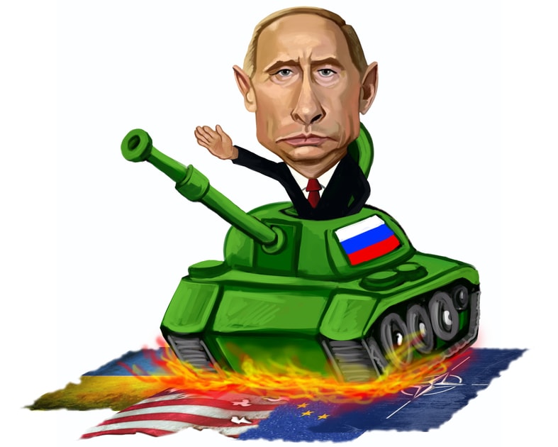 Putin caricature illustration in a tank with his hand raised up attacking Ukraine, NATO and USA