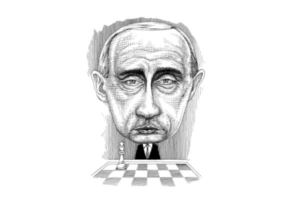 Putin Caricature Playing a Chess With a Serious Face 