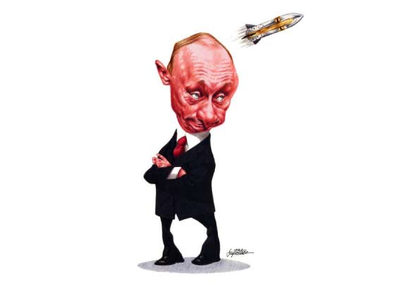 Caricature Drawing of Putin With Funny Face and Rocket 