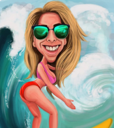Funny caricature of a lady in her 30's surfing on waves