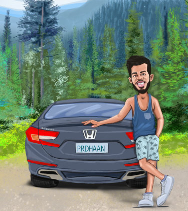 Cartoon Portrait of a guy posing in front of his car in woods