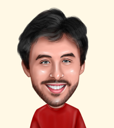 Realistic Caricature of a smiling guy in his 30's wearing red shirt