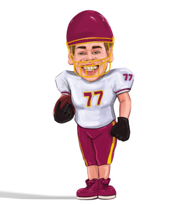 Funny Caricature of a young student football player in his jersey and full equipment