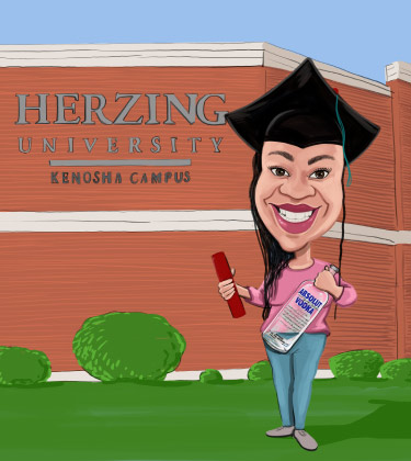 Funny Caricature of a Graduated Lady in front of her Uni