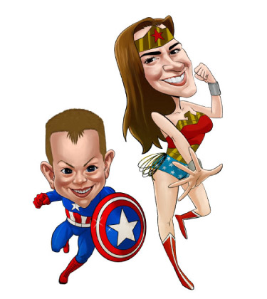 Sketch of mother and son dressed as Superman and Wonderwoman caricature style