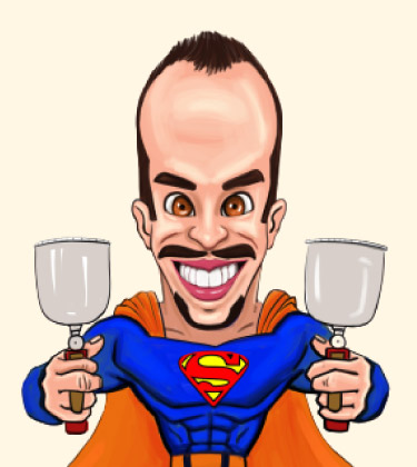 Funny Caricature of a guy in superman clothes and with spatulas in his hands having a fresh haircut