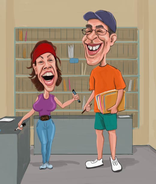 Two Teachers Laughing insida a classroom caricature