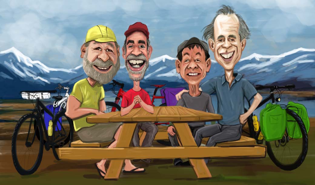 Funny Caricature of a Group of People Sitting at the Outdoor Table in the Mountains with the bicycles by their side