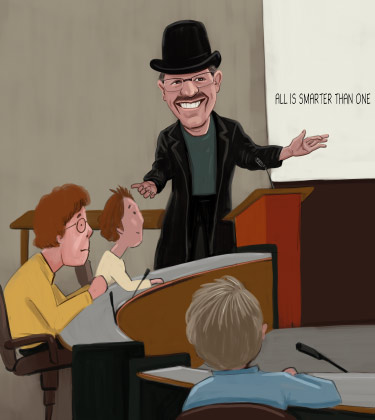 Professor in front of his students caricature