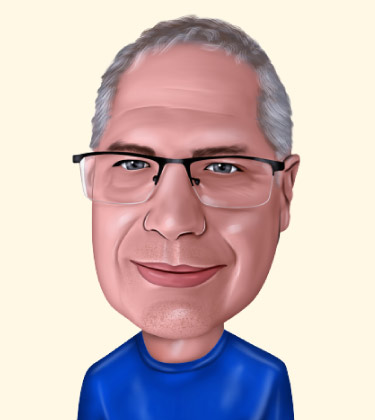 Realistic Caricature Portrait of an Older Man in Blue Sweatshirt