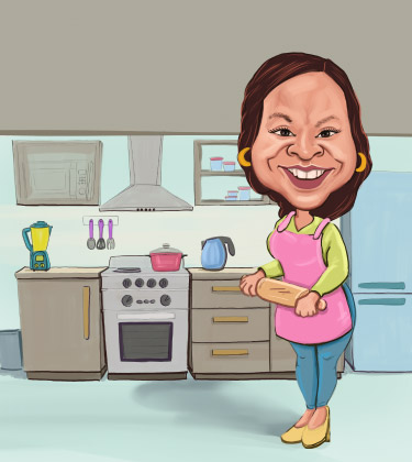 Custom caricature of a female chef standing in her kitchen