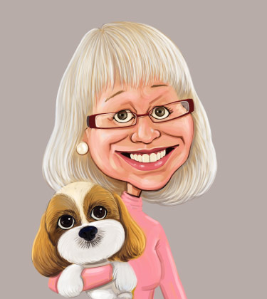 Funny caricature of an older lady holding her favorite white puppy